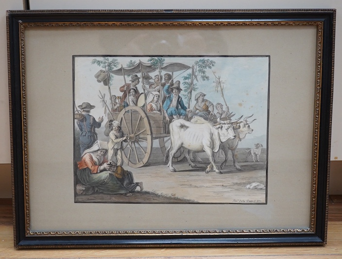 Saverio Xavier Della Gatta (Italian, 1777-1829), watercolour, A scene of revelry, with figures in a cart pulled by oxen, signed, dated 1815, 19.5 x 25cm. Condition - fair, foxing to right hand side of image